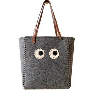 Anya Hindmarch N/S Eyes Small Tote Felt Charcoal Brown Leather Handbag Googly